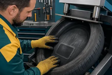 Profissionais realizando vulcanização de pneus em um ambiente de trabalho.